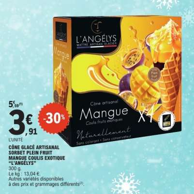 CÔNE GLACÉ ARTISANAL SORBET PLEIN FRUIT MANGUE COULIS EXOTIQUE "L'ANGÉLYS"