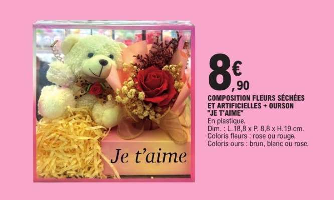 COMPOSITION FLEURS SÉCHÉES ET ARTIFICIELLES + OURSON "JE T'AIME"