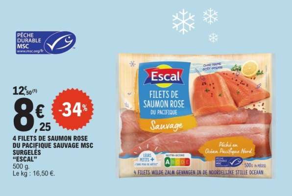 4 FILETS DE SAUMON ROSE DU PACIFIQUE SAUVAGE MSC SURGELES "ESCAL"