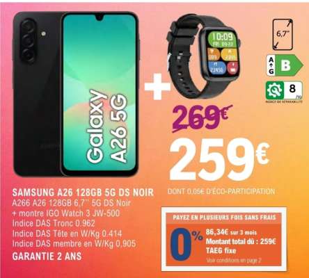 Samsung A26 128GB 5G DS Noir + montre IGO Watch 3 JW-500