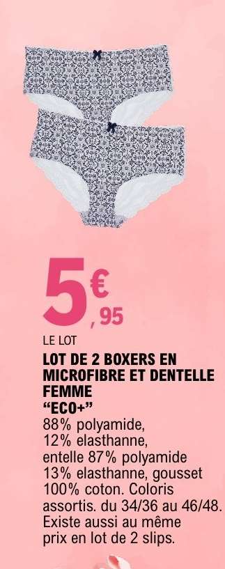 LOT DE 2 BOXERS EN MICROFIBRE ET DENTELLE FEMME