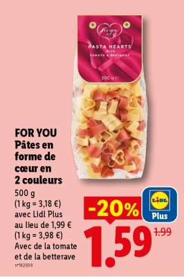 FOR YOU Pâtes en forme de cœur en 2 couleurs