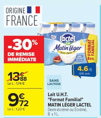 Lait U.H.T. «Format Familial» MATIN LÉGER LACTEL