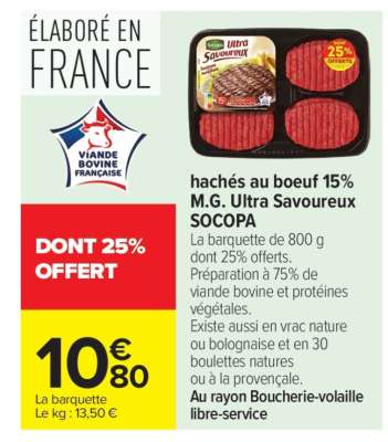 hachés au boeuf 15% M.G. Ultra Savoureux SOCOPA