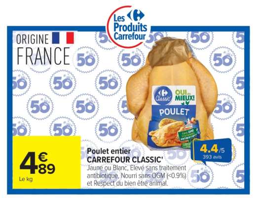 Poulet entier CARREFOUR CLASSIC'