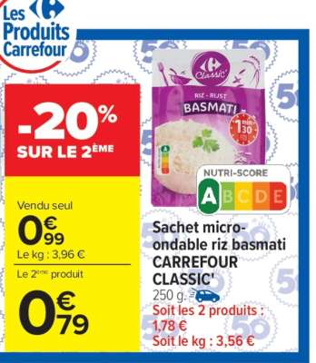 Sachet micro-ondable riz basmati CARREFOUR CLASSIC'
