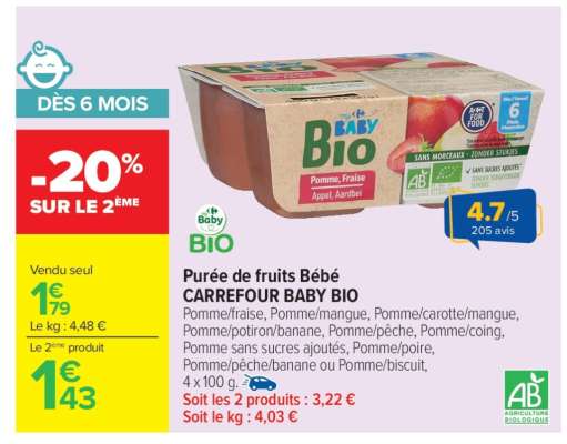 Purée de fruits Bébé CARREFOUR BABY BIO