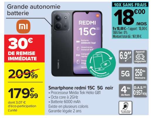 Smartphone Redmi 15C 5G noir