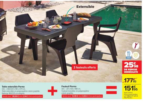 Table extensible Parma + Fauteuil Parma