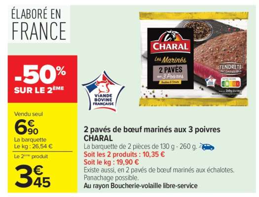 2 pavés de bœuf marinés aux 3 poivres CHARAL