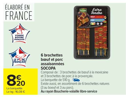 6 brochettes bœuf et porc assaisonnées SOCOPA