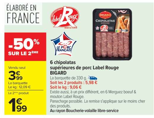 6 chipolatas supérieures de porc Label Rouge BIGARD