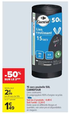 15 sacs poubelle 50L CARREFOUR
