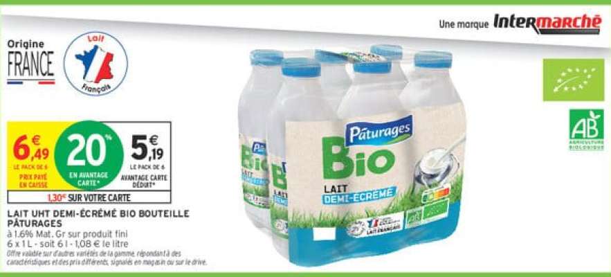 LAIT UHT DEMI-ÉCRÉMÉ BIO BOUTEILLE PÂTURAGES