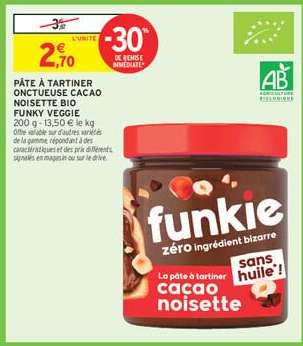 PÂTE À TARTINER ONCTUEUSE CACAO NOISETTE BIO FUNKY VEGGIE