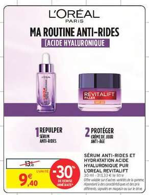 SÉRUM ANTI-RIDES ET HYDRATATION ACIDE HYALURONIQUE PUR L'OREAL REVITALIFT