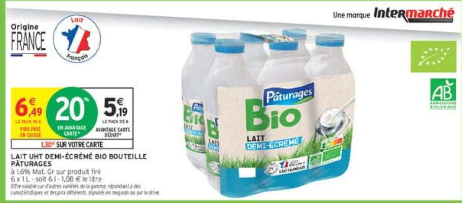 LAIT UHT DEMI-ÉCRÉMÉ BIO BOUTEILLE PÂTURAGES