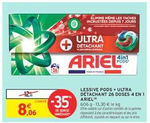 LESSIVE PODS + ULTRA DÉTACHANT 26 DOSES 4 EN 1 ARIEL