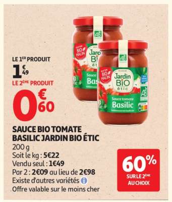 SAUCE BIO TOMATE BASILIC JARDIN BIO ÉTIC