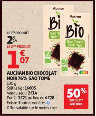 AUCHAN BIO CHOCOLAT NOIR 76% SAO TOMÉ