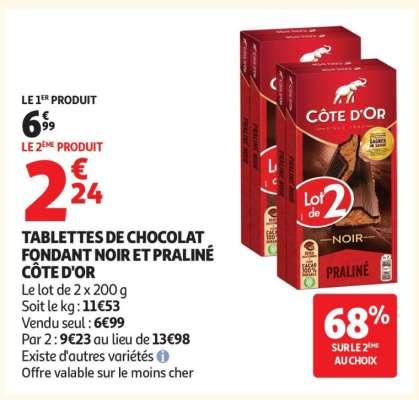 TABLETTES DE CHOCOLAT FONDANT NOIR ET PRALINÉ CÔTE D'OR