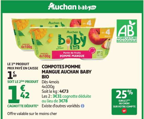 COMPOTES POMME MANGUE AUCHAN BABY BIO