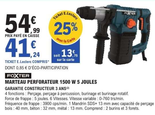 FOXTER MARTEAU PERFORATEUR 1500 W 5 JOULES