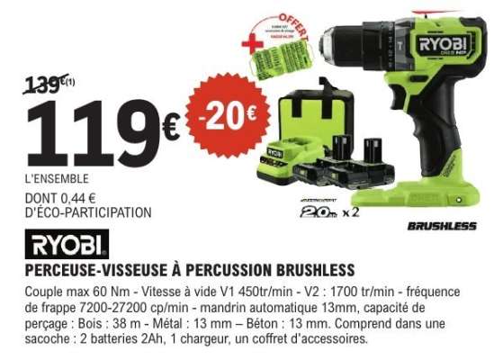 RYOBI PERCEUSE-VISSEUSE À PERCUSSION BRUSHLESS
