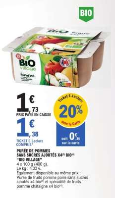 PURÉE DE POMMES SANS SUCRES AJOUTÉS X4 BIO BIO VILLAGE