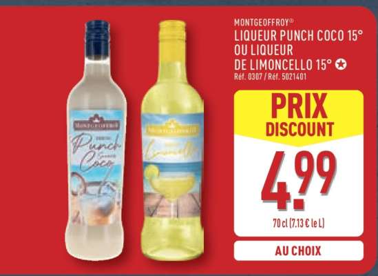 MONTGEOFFROY® LIQUEUR PUNCH COCO 15° OU LIQUEUR DE LIMONCELLO 15°