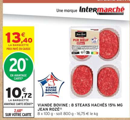 VIANDE BOVINE : 8 STEAKS HACHÉS 15% MG JEAN ROZE