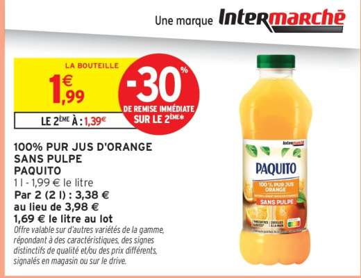 100% PUR JUS D'ORANGE SANS PULPE PAQUITO