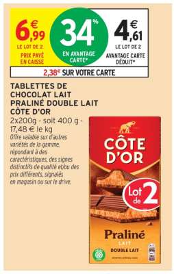 TABLETTES DE CHOCOLAT LAIT PRALINÉ DOUBLE LAIT CÔTE D'OR