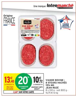 VIANDE BOVINE : 8 STEAKS HACHÉS 15% MG JEAN ROZE