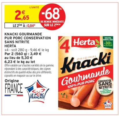 KNACKI GOURMANDE PUR PORC CONSERVATION SANS NITRITE HERTA