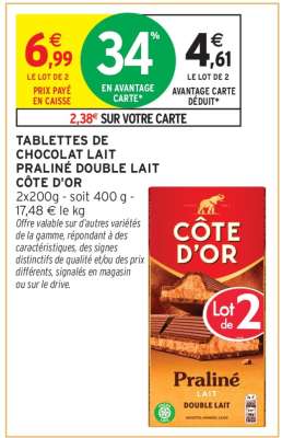 TABLETTES DE CHOCOLAT LAIT PRALINÉ DOUBLE LAIT CÔTE D'OR