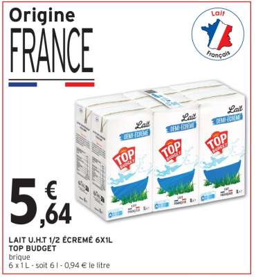 LAIT U.H.T 1/2 ÉCRÉMÉ 6X1L TOP BUDGET