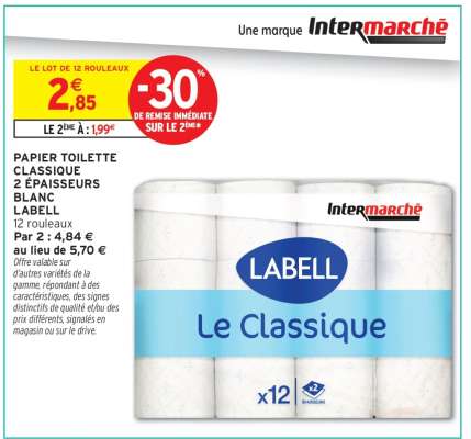 PAPIER TOILETTE CLASSIQUE 2 ÉPAISSEURS BLANC LABELL