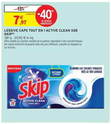 LESSIVE CAPS TOUT EN 1 ACTIVE CLEAN X28 SKIP