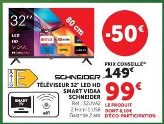 TÉLÉVISEUR 32" LED HD SMART VIDAA SCHNEIDER