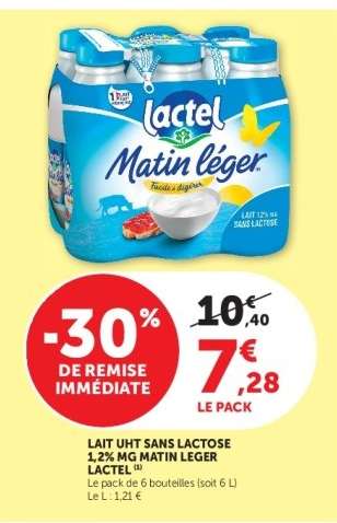 Lait UHT Sans Lactose 1,2% MG Matin Léger Lactel