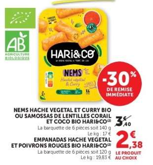 NEMS HACHE VEGETAL ET CURRY BIO OU SAMOSSAS DE LENTILLES CORAIL ET COCO BIO HARI&CO
