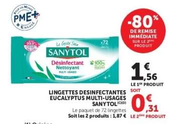 LINGETTES DESINFECTANTES EUCALYPTUS MULTI-USAGES SANYTOL