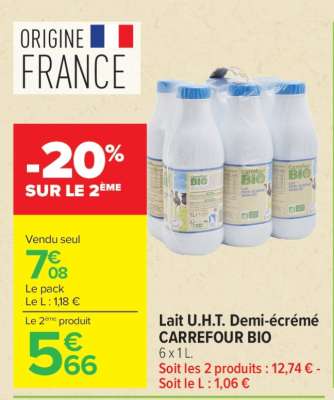 Lait U.H.T. Demi-écrémé CARREFOUR BIO