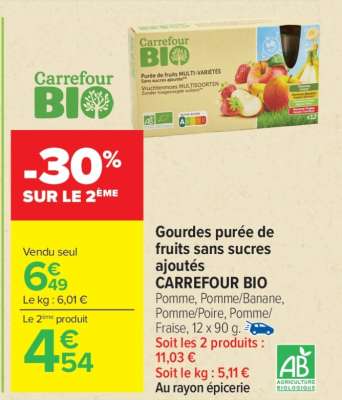 Gourdes purée de fruits sans sucres ajoutés CARREFOUR BIO