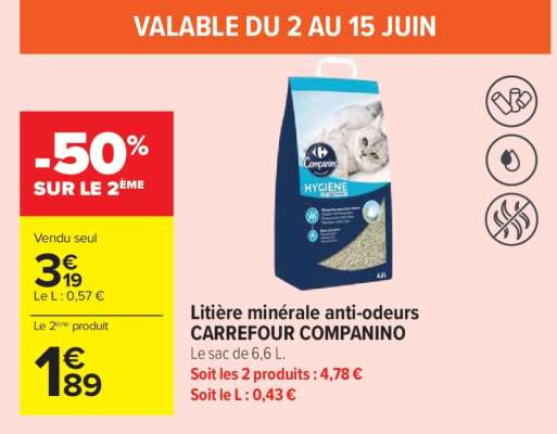 Litière minérale anti-odeurs CARREFOUR COMPANINO