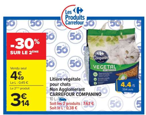 Litière végétale pour chats Non Agglomerant CARREFOUR COMPANINO