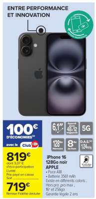 iPhone 16 128Go noir APPLE