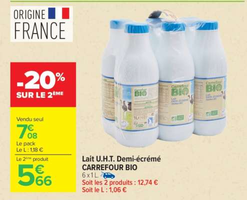 Lait U.H.T. Demi-écrémé CARREFOUR BIO