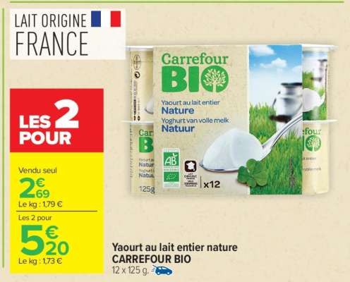 Yaourt au lait entier nature CARREFOUR BIO